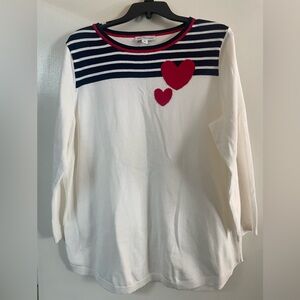 Kim Rogers White and Navy Striped Heart Long Sleeve Sweater